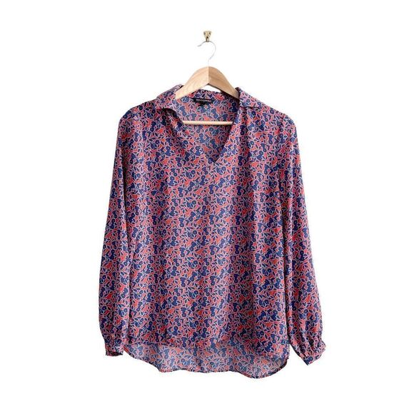 Banana Republic Blouse Pullover Top Floral Blue Rust Women's S Button Cuffs - Picture 1 of 9
